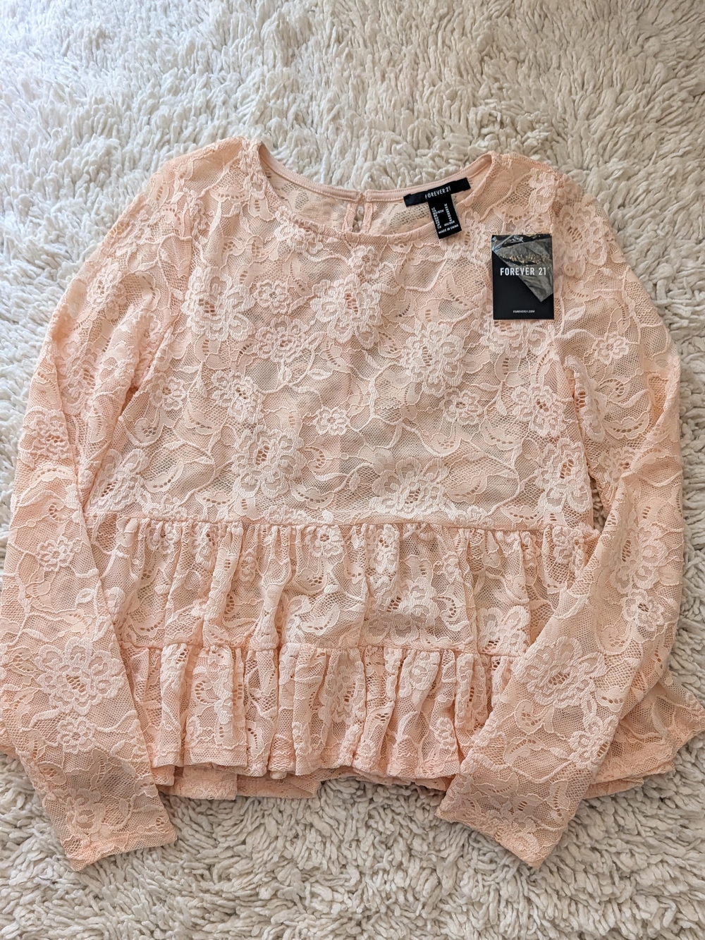 Forever 21 Peach Lace Peplum Long Sleeve Blouse